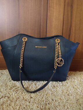 Michael Kors Navy Blue Leather Tote with Gold Chain